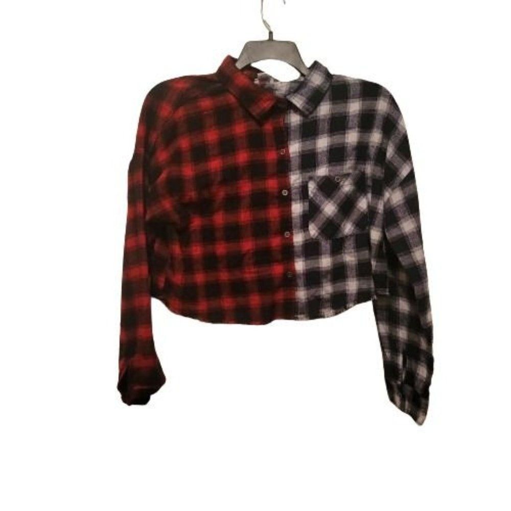 Rue 21 Womens Multicolor Plaid Long Sleeve Cropped Button Up Shirt Size XL
